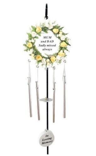 Image of Mum & Dad Cream Rose Memorial Wind Chime Hanging Crook Tribute Plaque Graveside Ornament