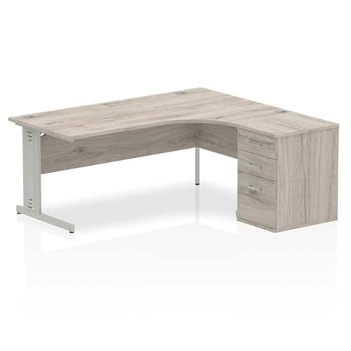 Image of OPO Impulse Freestanding 1800mm Rectangular Cable Managed Right Crescent Desk Workstation with 3 Drawer 800/600 Pedestal | Sturdy Build Weather & Heat Resistant Melamine Finish Oak Silver 600 Pedestal