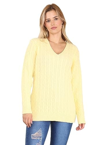Image of WearAll Women's Plus Cable Knitted Long Sleeve V-Neck Sweater Top Ladies Stretch Jumper - Yellow - 12-14