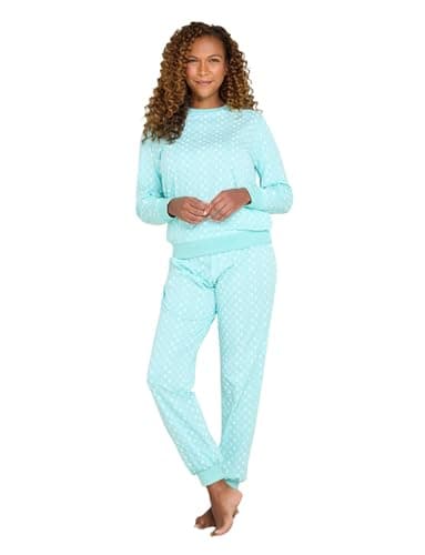 Image of Amber Ladies Cotton Jersey Ski Pyjama Set Floral Print Pyjamas with Ribbed Neckline, Hem & Cuffs Soft Cotton Sleepwear Aqua 12-14