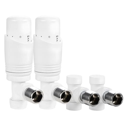 Image of VANCOCO 2 Pack Glossy White Thermostatic Radiator Valve 1/2"×15mm Angled with Lockshield, Thermostat TRV Set, H62 Brass, Energy Saving