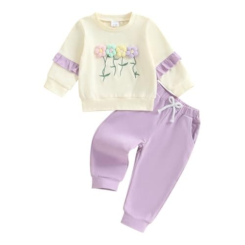 Image of Barbotimer Infant Toddler Girl Autumn Winter Clothes Flower Embroidery Sweatshirt Ruffle Long Sleeve Pullover Tops Solid Color Jogger Pants 2Pcs Tracksuit Clothing Set (Purple, 12-18 Months)