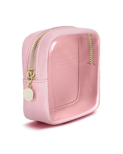 Image of Clear Makeup Bag for Handbag, Mini Make Up Bag for Purse, Small Makeup Pouch for Women, Small Cosmetic Bag with Slip-in Pockets Eco Vegan Leather, Pink (Patent Pending)