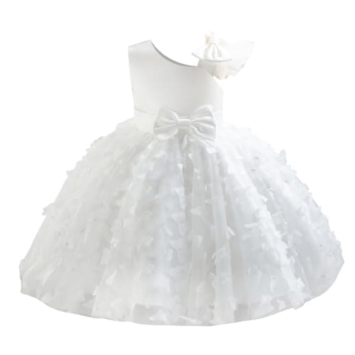 Image of Baby Girls Party Dress Flower Girl Dresses Princess Elegant Butterfly Bowknot Birthday Wedding Christening Gown Toddlers Bridesmaid Sleeveless Mesh Tulle Skirt White 5-6Y