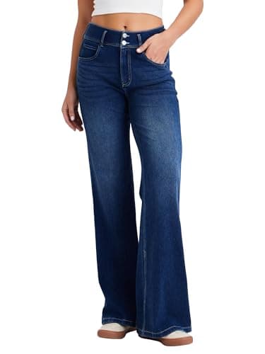 Image of LaiEr Women's Wide Leg Jeans with Double Row Button Zipper Placket Design, Straight Tube, Loose fit, Suitable for Casual, Yoga, Fitness High Elasticity Denim Pants.(DarkBlueNostalgicS)