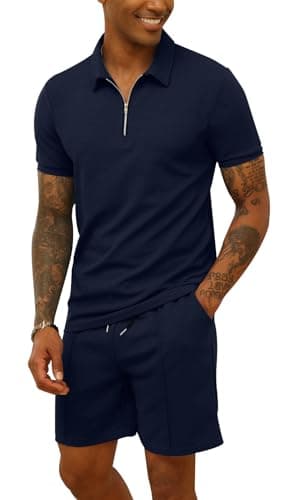 Image of Men's Tracksuit Polo Shirt & Shorts 2 Pieces Casual Summer Outfits Suit Lapel Activewear Fashion Short Sleeve Sweatsuits Set Navy M