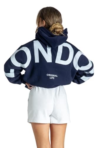 Image of Lang Horn London Hoodies for Women UK Oversized Sweatshirts ladies hood Letter Print Pullover Hoodie Women With Pocket XXL Navy Blue
