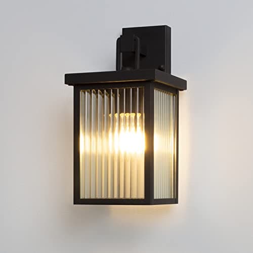 Image of DAWALIGHT Outdoor Lantern Wall Lights Mains Powered Rectangle Porch Lantern Light Metal with Ribbed Glass Lampshade Wall Sconce, E27 Socket Wall Lamp for Entryway Doorway Living Room, Black