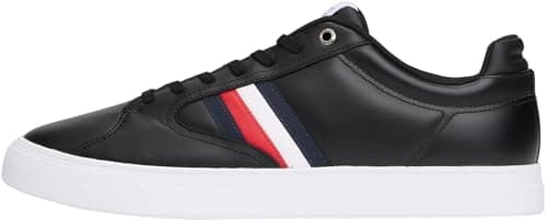 Image of Tommy Hilfiger Men's Icon Court Stripes Leather Cupsole Trainers, Black (Black), 10.5