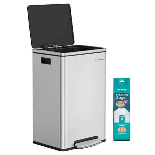 Image of SONGMICS Kitchen Bin 50 L, with 15 Bin Bags, Stainless Steel, Removable Plastic Inner Bucket, with Lid, Handles, Soft Close, Silver LTB595E01