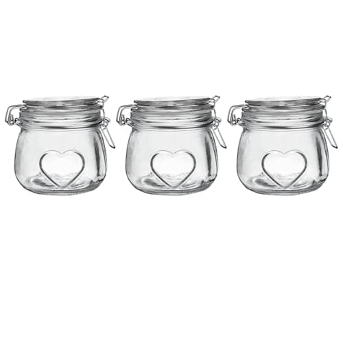 Image of Nicola Spring Heart Shaped Glass Storage Jar with Airtight Clip Lid - 500ml - 3 Pack - 4 Colour Seals - Kitchen Vintage Round Preserving Container for Pickling, Chutney, Jam, Coffee, Oats