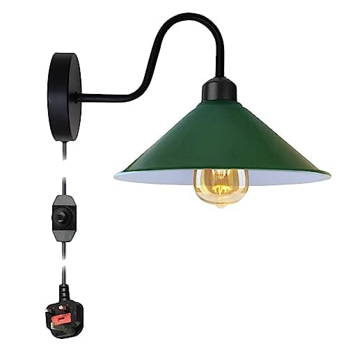 Image of LEDSone Vintage Style 2 M Cone Shade Adjustable Arm Mechanism Metal Modern Wall Lights E27 Lamp Socket Dimmer Switch UK Plugin Wall Sconce Light Fixture (Green)