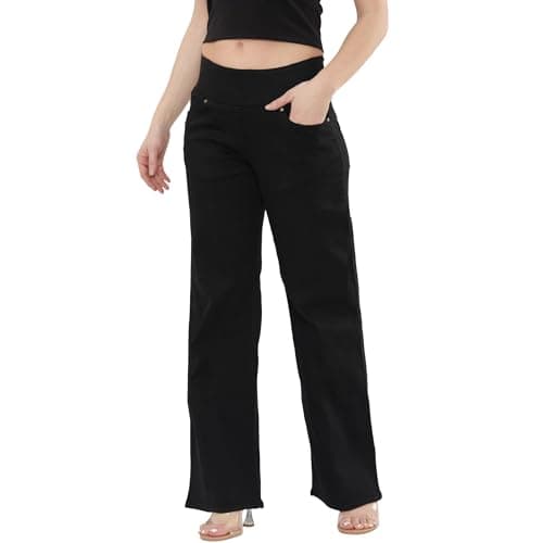 Image of MYT Women’s Elasticated High Waist Wide Leg Jeans Tummy Control Stretch Denim Comfortable Casual Everyday Ladies Jeans Black 16 Regular