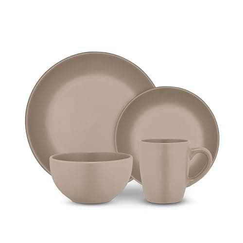 Image of Tower 16 Piece Dinner Set, Smooth Matte Glaze Finish, Crafted from Strong & Durable Stoneware, Chip & Scratch Resistant, Dishwasher & Microwave Safe, Taupe, T867035TAU