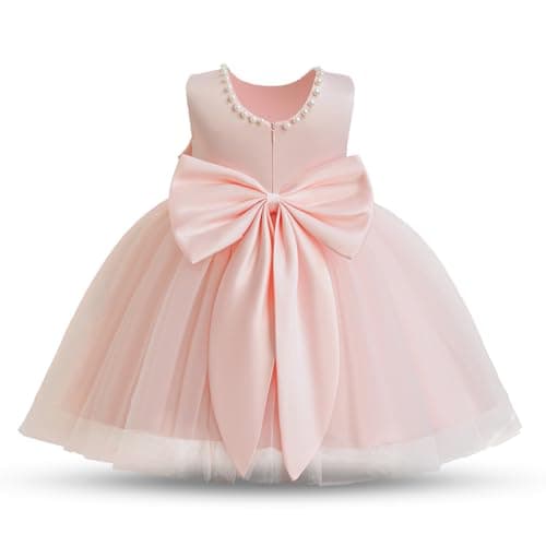Image of NNJXD Baby Girl Birthday Party Tutu Gown Bowknot Toddler Girls Pageant Princess Tulle Wedding Gown 2075 Pink 9-12 Months
