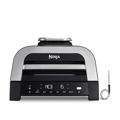 Image of Ninja 6-in-1 MAX Indoor Grill & Air Fryer, 6 Cooking Functions, Make Up to 6 Burgers, 3.8L Capacity, Low Smoke, Includes Digital Meat Thermometer, Grey/Silver, DG551UK