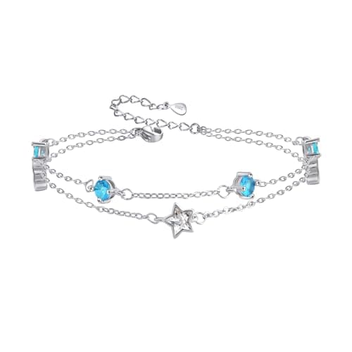 Image of Aliyoham Sterling Silver Double Layer Star Bracelet for Women - with Aquamarine & Cubic Zirconia Layers, Adjustable Dainty Chain Gift Jewelry