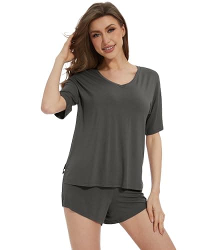 Image of WiWi Soft Pajamas for Women Summer Short Sleeve Top with Shorts Pajama Set Viscose from Bamboo Pjs S-XXL, Iron Grey, Medium