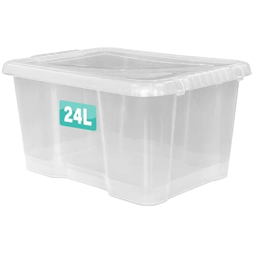 Image of Optimal Products 1 x 24 Litre Clear Plastic Storage Box With Lids UK BRITISH MADE Home Office Stackable Transparent Plastic Boxes, Size 5,11,24,28,35,45,62 Litre