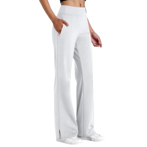 Image of Ladies Trousers Yoga Pants for Women with Pockets Tummy Control Wide Leg Trousers Ladies High Waisted Yoga Trouser Baggy Stretchy Work Dress Casual Long Pants Gym Workout Daily Wear White