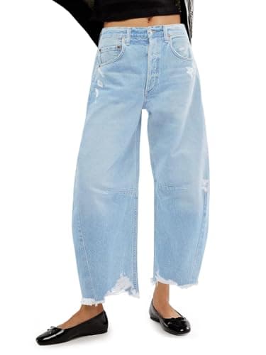 Image of Cicy Bell Womens Baggy Barrel Jeans Cropped Boyfriend Wide Leg Raw Hem Denim Pants Wash Blue,8