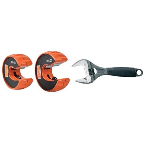Image of Bahco BAH306PACK Pipe Cutters, Orange, 15mm & 22mm & 9029 170mm 32mm Adjustable Wrench Extra Wide Jaw