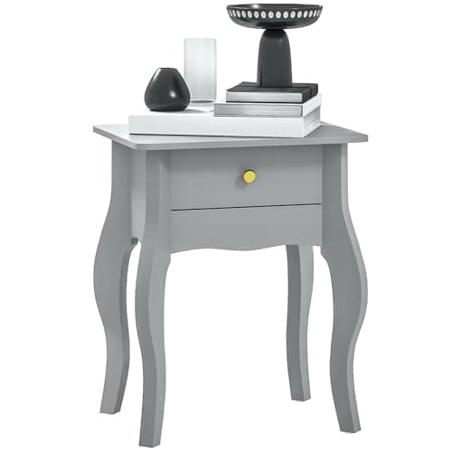 Image of HOMCOM French Style Side Table with Drawer, End Table with Curved Legs, Bedside Table for Living Room, Bedroom, Grey