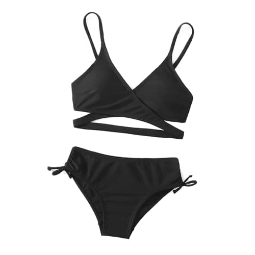 Image of Girls Two Piece with Tropical Print - UPF 50 Sun Protection, High Waist Bottoms, Cute Beachwear Black