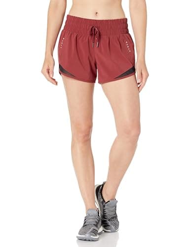 Image of Amazon Essentials Women's Regular-Fit Athletic Ruched Waistband Woven Running Shorts, Ruby Red, S