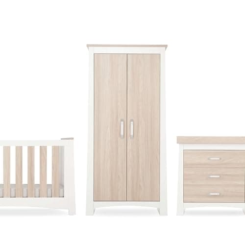 Image of CuddleCo Ada 3-Piece Nursery Furniture Set – Convertible Baby Cot Bed, Removable Changing Top Dresser, Adjustable Double Wardrobe – White & Ash Finish, Modern Design with Silver Handles
