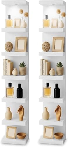 Image of home stuff Wall Shelf Unit with Light | Modern White Floating Vertical Display Storage Shelves | Minimalist Shelving for Living Room, Bedroom & Office Organisation (pack of 2)