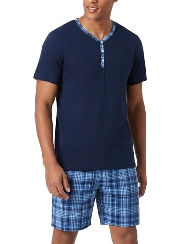 Image of Irdcomps Men's Pyjamas Set Cotton Short Sleeves Pjs Loungewear Plaid 2 Piece Nightwear Soft with Pockets Summer Sleepwear for Men