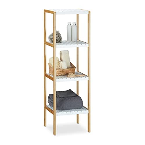 Image of Relaxdays Bamboo 4-Tier Storage Unit, Size 110 x 33 x 34 cm, Wooden Shelf Rack, White / Brown