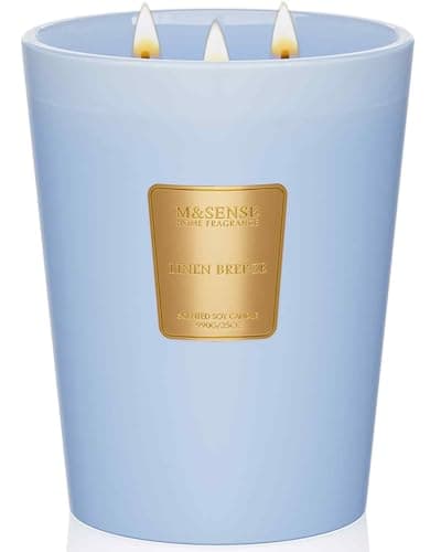 Image of M&SENSE Linen Breeze Blue Soy Scented Candle Gifts for Men Strong, 990g 150H Extra Large Candles Gifts for Women, 3 Wick Candles Non Toxic for Home Scented, Large Organic Candles Gift for Friend