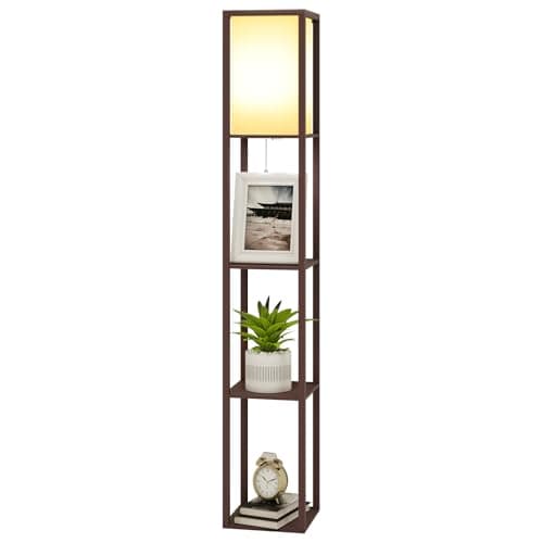 Image of PULUOMIS Floor Lamp with Shelves, 3 Layers Wooden Shelf Standing Light, Modern Reading Lamp for Bedroom, Living Room, Office, Home Decoration (Size:26x 26x 160 cm) (Without Bulb)-Brown