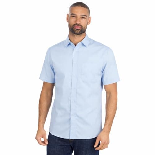 Image of Mens Short Sleeve Shirt Tailored Fit Easy Iron Collared Button Up Poplin Smart Casual Business Wedding Office Shirt (Pale Blue, 17.5)