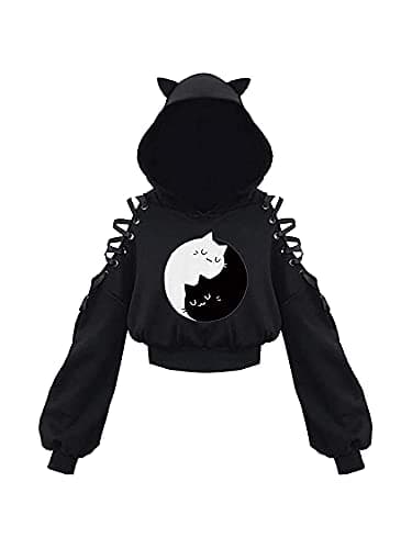 Image of Loalirando Women's Cute Cat Ear Crop Top Oversized Hoodie Off Shoulder Hollow Out Long Sleeve Black Punk Gothic Sweatshirts (Black White cat, Small)