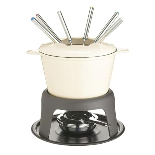 Image of MasterClass Cast Iron Fondue Set, Fondue Pot with 6 Forks and Cast Iron Enamelled Bowl, Superior Heat Retention & Adjustable Burner, Gift Boxed, Cream, 21x18cm
