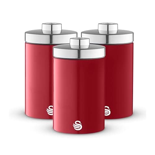 Image of Swan Townhouse Set of 3 Storage Canisters, Stainless Steel, Airtight Lids, Colour Coated Iron and Chrome Accents, 1.6L, Red