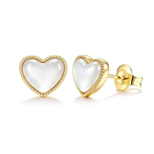 Image of Sterling Silver Heart Stud Earrings for Women - Hypoallergenic 14K Gold Plated Love Heart Earrings Studs | Dainty Gold Pink Purple Blue Earrings Jewellery Gifts for Women Girls White