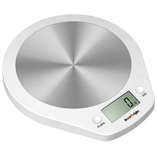 Image of ACCUWEIGH 203 Stainless Steel Digital Kitchen Scale with Tare Function, LCD Display and Multiple Measurement Units, 5Kg Capacity Food Weighing Scale, White