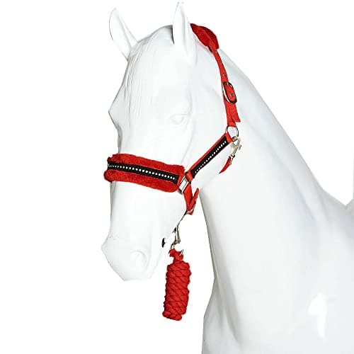 Image of Fluffy Headcollar and Leadrope Set - Diamante Soft Fur Padded Halters for Horses - Super Flexible and Adjustable Pony Controller Equipment for Training and Outdoor Riding (Full, Red)