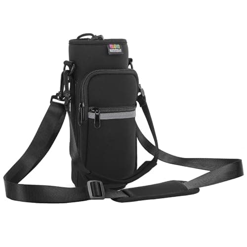 Image of Nuovoware Water Bottle Carrier Bag, 750ml Bottle Pouch Holder, Adjustable Shoulder Hand Strap 2 Pocket Sling Neoprene Sleeve Sports Accessories for Hiking Travelling - Black