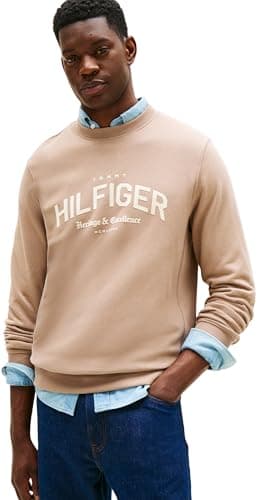 Image of Tommy Hilfiger Men’s Regular Fit Arch Crew Neck Sweatshirt, Beige (Coastal Taupe), M