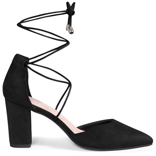 Image of Perphy Pointy Toe Lace Up Court Shoes Chunky Heel Dress Pumps for Women Black 6.5 UK/Label Size 8.5 US