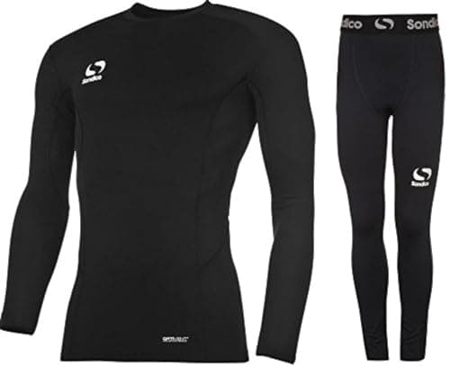 Image of Sondico Boys Base Layer Tights & Top Set Junior Football Core Baselayer (Black L/S with Pants, 9-10 years)