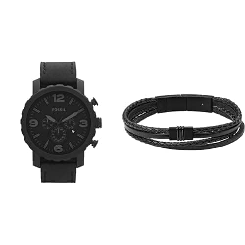 Image of FOSSIL Men's Nate Black Leather Watch and Townsman Stainless Steel Bracelet, Set