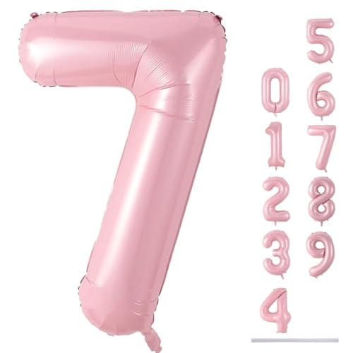 Image of Light Pink Foil Balloon Number 7, 40'' Giant Self Inflating Number Balloons Set 0-9, Large Pastel Pink Number 7 Helium Balloon for Girls 7th Birthday Princess Party Decorations Supplies