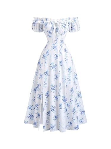 Image of GORGLITTER Women's Summer Ditsy Floral Dresses Off The Shoulder Tie Front Short Sleeve Slit Flared Flowy Beach Maxi Dress White Large