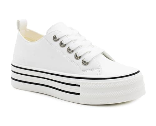 Image of IMTY Womens Platform Canvas Trainers Lace Up Chunky Sole Baseball Sneakers Ladies Flat Low Top Fashion Trainer Pumps (White PU, UK Footwear Size System, Adult, Women, Numeric, Medium, 6)